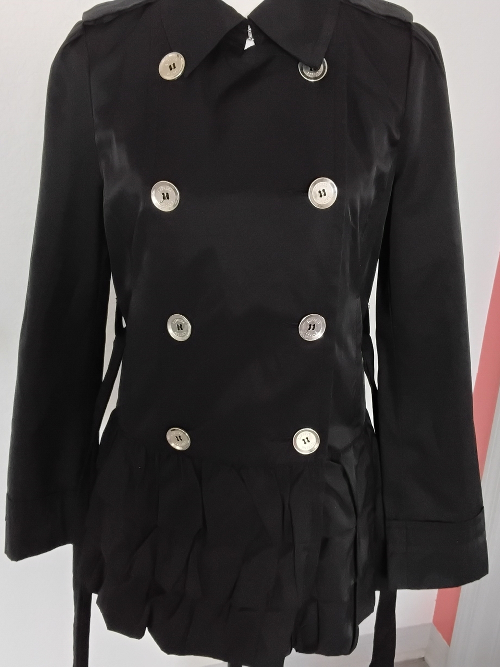 Express Black Double-Breasted Trench Coat with Silver Buttons